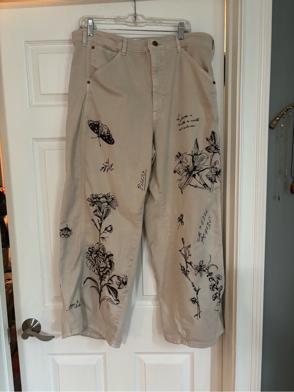 Anthropologie Beige Wide-Leg Jeans with Black Floral & Butterfly embroidery